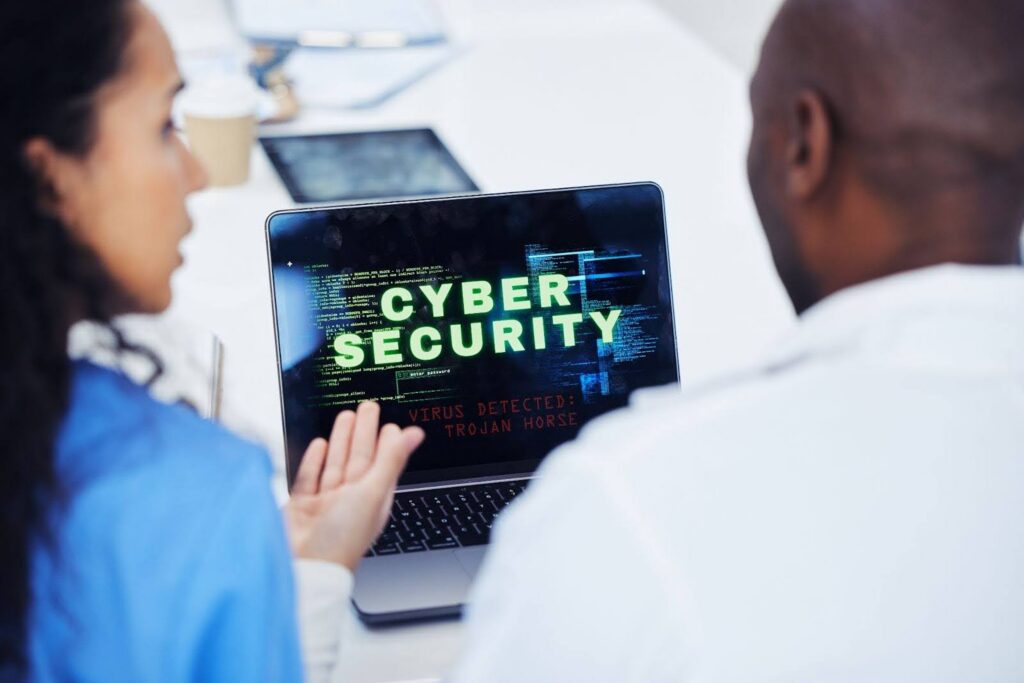 Cyber security protection concept showing secure laptop and data safety for businesses