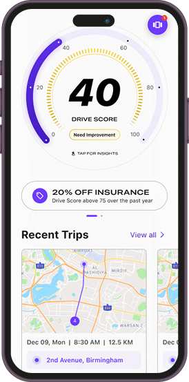 driver performance app screen insurance discount and trip summary