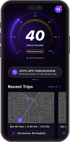mobile app dashboard ui driving score and trip tracking interface